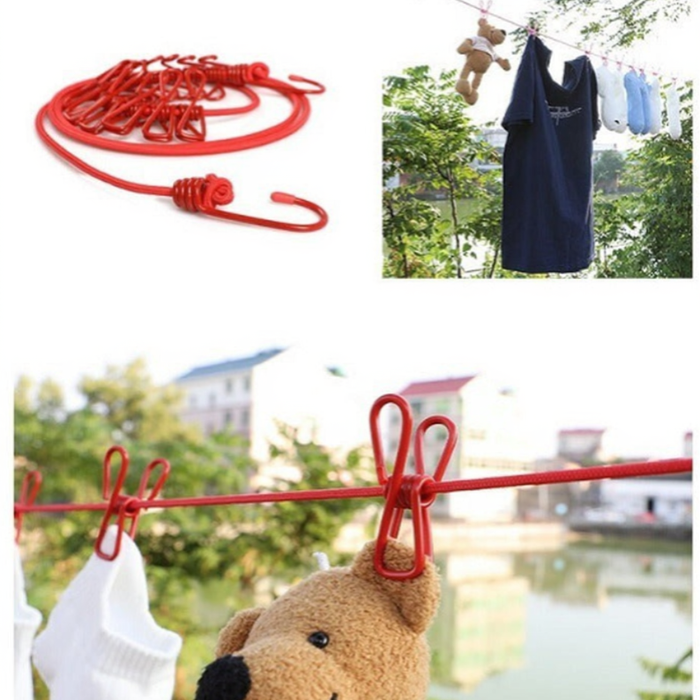 12 Clip Cloth Drying Rope – Strong Nylon Travel Clothesline with Stainless Steel Clips for Indoor & Outdoor Drying (Random color-Pack of 1)