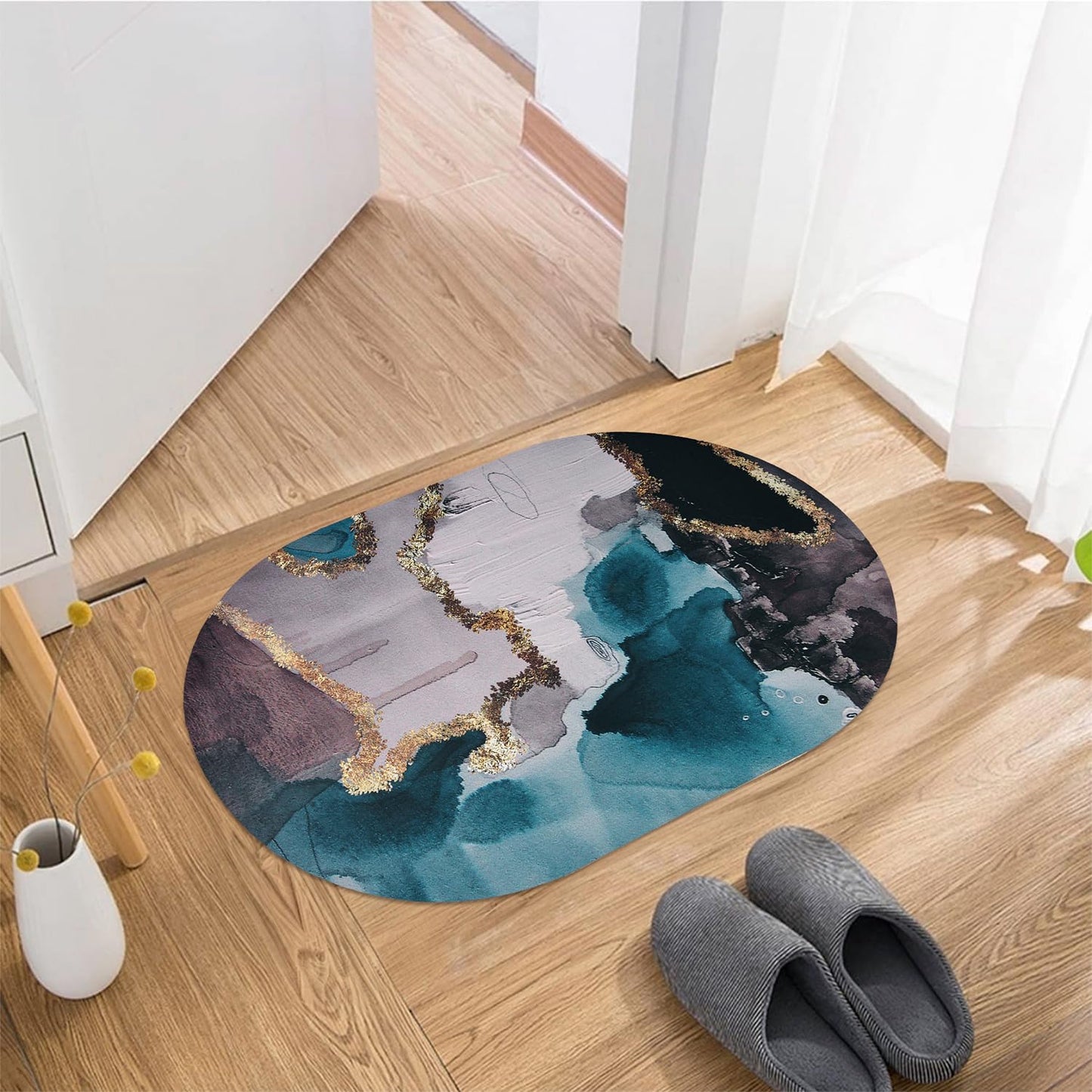 Water Absorbent Bathroom Door Mat – Non-Slip Quick-Dry Oval Rug, Heavy-Duty, Washable (Random Print) (Pack of 1)