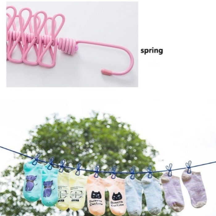 12 Clip Cloth Drying Rope – Strong Nylon Travel Clothesline with Stainless Steel Clips for Indoor & Outdoor Drying (Random color-Pack of 1)