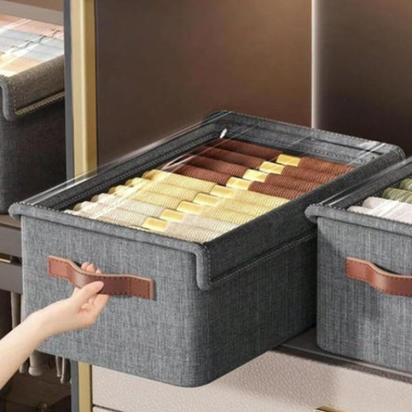 Foldable Storage Organizer Basket with Lid – Transparent Fabric Closet & Wardrobe Storage Box for Clothes (Pack of 1)