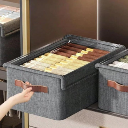 Foldable Storage Organizer Basket with Lid – Transparent Fabric Closet & Wardrobe Storage Box for Clothes (Pack of 1)